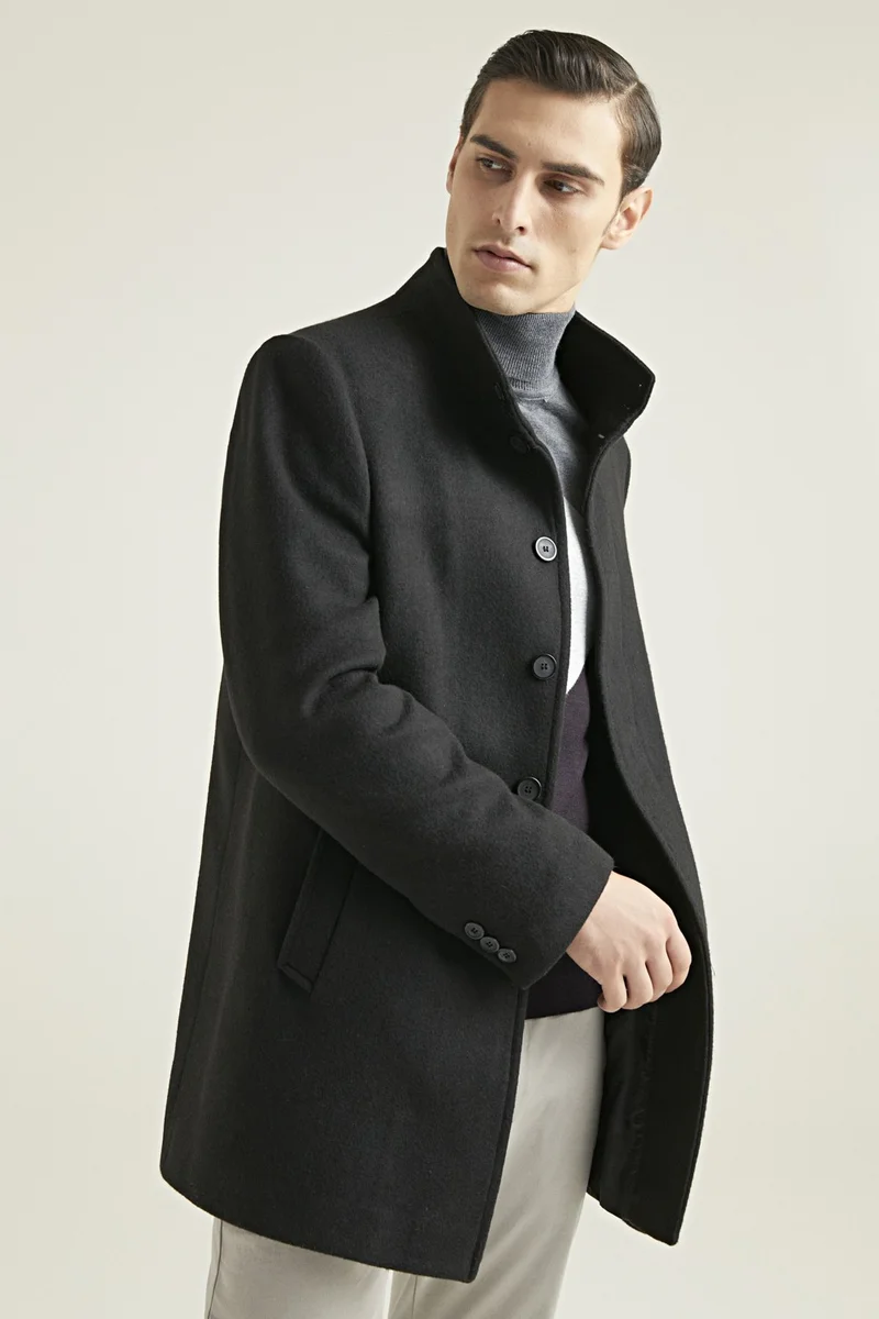 دي أس دامات Regular Fit Black Judge Collar Cashmere Coat 5HF08ORT10002