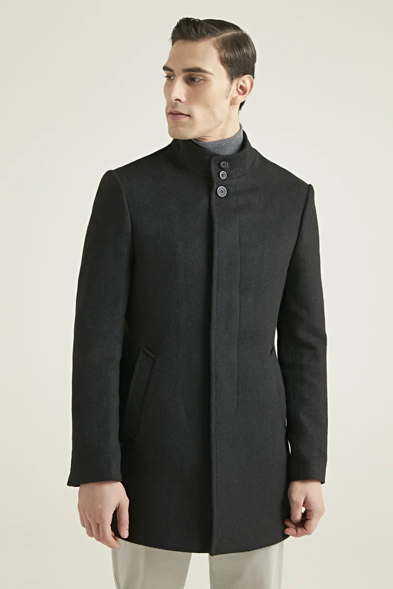 دي أس دامات Regular Fit Black Judge Collar Cashmere Coat 5HF08ORT10002