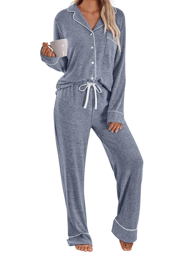 LILLUSORY Women's Long Sleeve Pajama Set - Soft Button-Down Top & Comfortable Drawstring Pants with Pockets Blue 2XL - Image 1