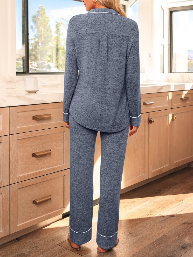 LILLUSORY Women's Long Sleeve Pajama Set - Soft Button-Down Top & Comfortable Drawstring Pants with Pockets Blue 2XL - Image 4