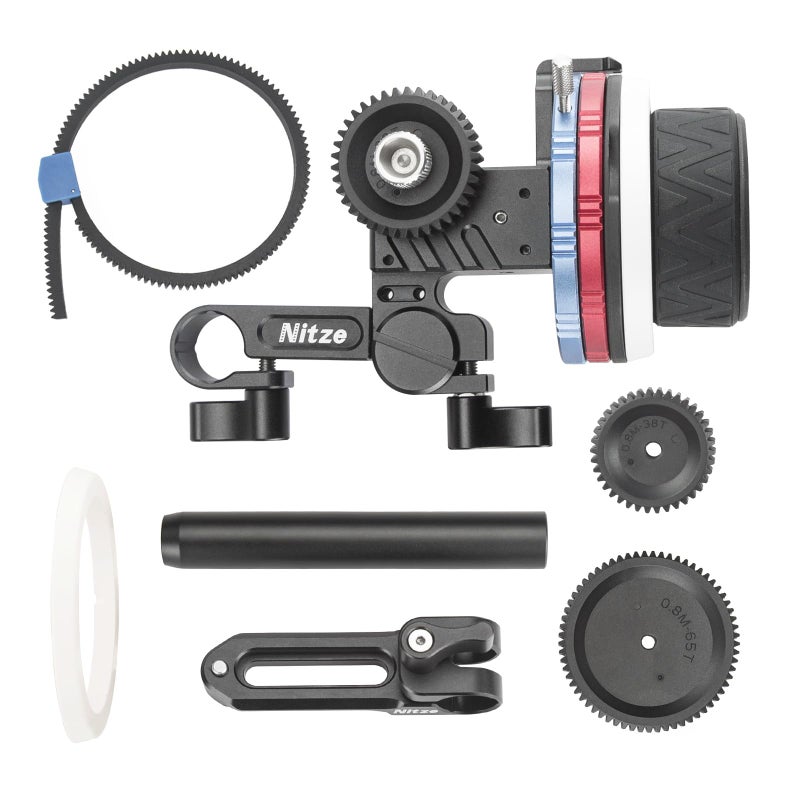 Nitze Mini Follow Focus, with 15mm Rod and Rod Clamp, Gear Ring Belt, 3 Reversible Drive Gears and 2 Marking Disks, Supports A/B Hard Stops and 360° Infinity Zoom - MF15C - Image 1