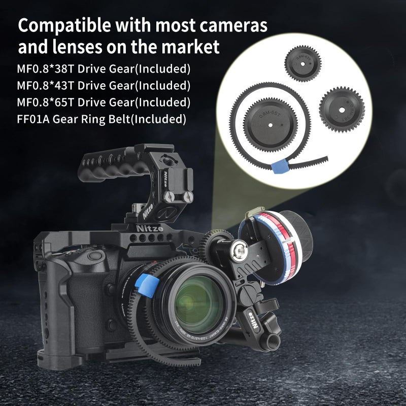 Nitze Mini Follow Focus, with 15mm Rod and Rod Clamp, Gear Ring Belt, 3 Reversible Drive Gears and 2 Marking Disks, Supports A/B Hard Stops and 360° Infinity Zoom - MF15C - Image 4