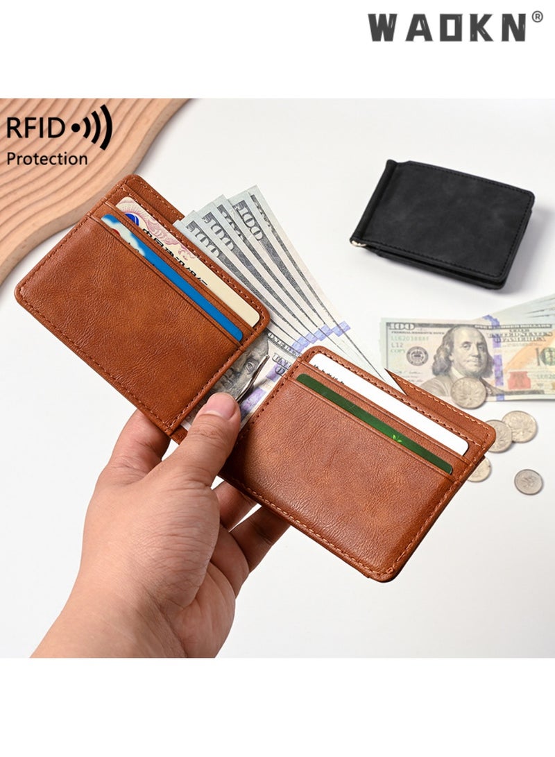 دبليو أيه أو كي أن محفظة للرجال رقيقة أكبر سعة الجلد المال كليب الرجال محفظة خفيفة جدا أسلوب النخبة التجارية- مكافحة RFID Skimming الجيب الأمامي مجرد طي محفظة - حامل بطاقة الائتمان الحد الأدنى مع نافذة الهوية الرجل عيد الميلاد هدية - Image 2