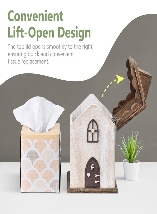 Ikee Design Farmhouse Wooden Square Tissue Box Cover, House-Shaped Decorative Tissue Holder for Bathroom, Bedroom, Living Room, Brown Color, 5.8W x 5.8D x 8.2H in - Image 3