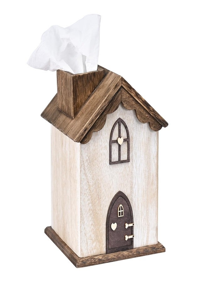 Ikee Design Farmhouse Wooden Square Tissue Box Cover, House-Shaped Decorative Tissue Holder for Bathroom, Bedroom, Living Room, Brown Color, 5.8W x 5.8D x 8.2H in - Image 1