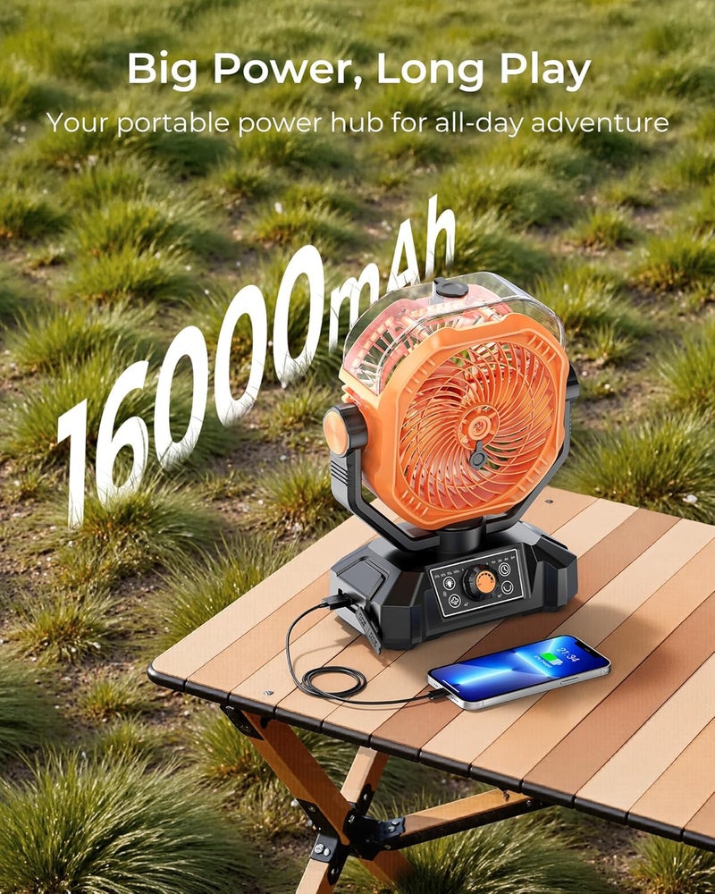 Koonie Portable Camping Fan, Misting Desk Fan with Remote, 360ML Water Tank, 16000mAh, 5 Speeds, Timer, 18-70 Working Hours, Battery Operated Fan for RV Camp Hurricane Emergency Orange - Image 4