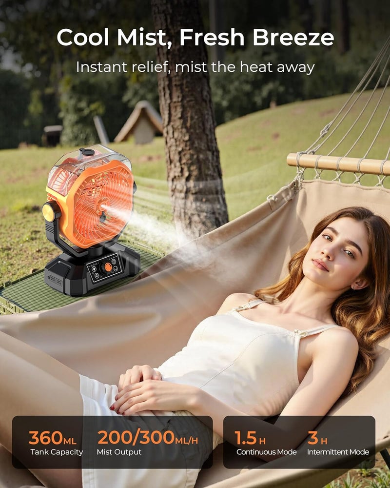Koonie Portable Camping Fan, Misting Desk Fan with Remote, 360ML Water Tank, 16000mAh, 5 Speeds, Timer, 18-70 Working Hours, Battery Operated Fan for RV Camp Hurricane Emergency Orange - Image 2