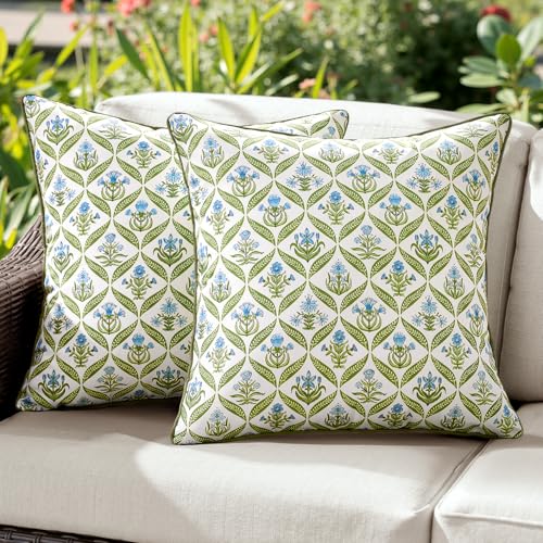 ANRODUO Floral Outdoor Pillow Covers 18x18 Waterproof Set of 2 Block Print Accent Decorative Cushion Cases with Refined Edge Piping for Summer Patio Porch Garden Couch Sofa Bench Decor Green - Image 1