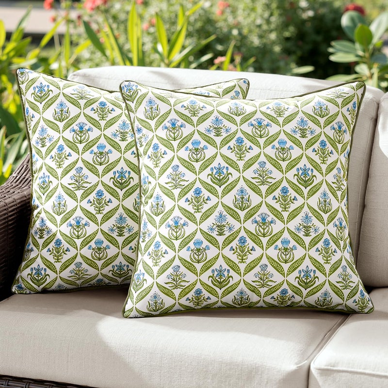 ANRODUO Floral Outdoor Pillow Covers 18x18 Waterproof Set of 2 Block Print Accent Decorative Cushion Cases with Refined Edge Piping for Summer Patio Porch Garden Couch Sofa Bench Decor Green - Image 2