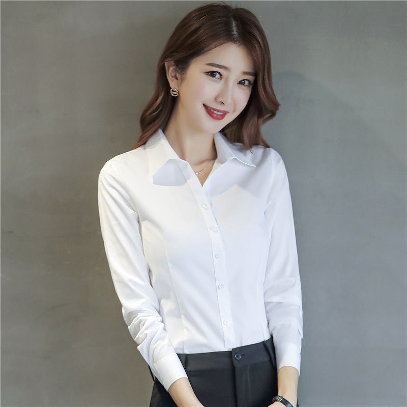 [13000 Collection] White Shirt Womens Long-sleeved Short-sleeved Slim-fit Spring, Summer and Autumn Foreign Style Womens Business Wear Lining White long sleeves