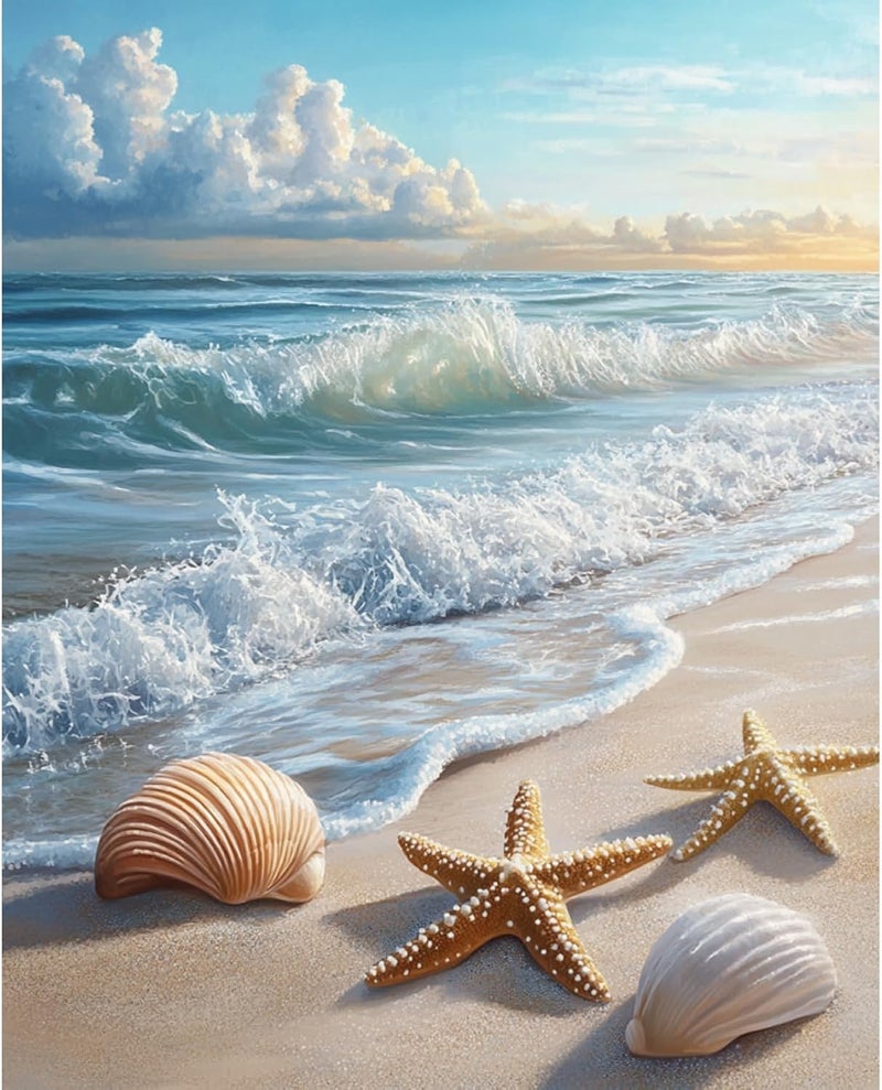 Ycydilirab Diamond Art Kits for Adults Beach Shells-5D Diamond Painting for Adults,Seaside Scenery DIY Gem Painting Perfect for Relaxation and Home Wall Decor 12x16inch - Image 1