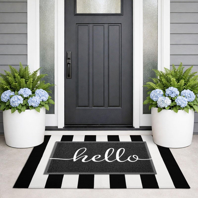KILOCOCO Black and White Striped Rug 2.3'x3.6' Indoor Outdoor Rugs Front Door Mat Hand Woven Cotton Washable Striped Layered Doormats for Front Porch/Kitchen/Farmhouse/Entryway/Patio - Image 2