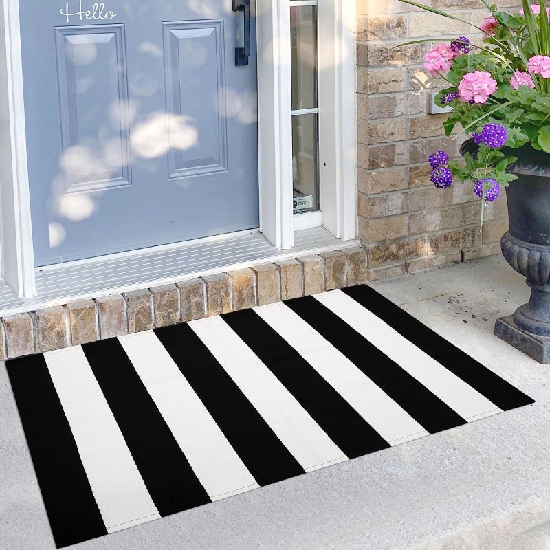 KILOCOCO Black and White Striped Rug 2.3'x3.6' Indoor Outdoor Rugs Front Door Mat Hand Woven Cotton Washable Striped Layered Doormats for Front Porch/Kitchen/Farmhouse/Entryway/Patio - Image 1