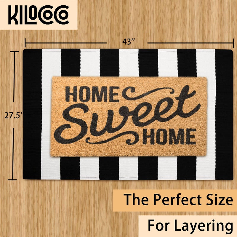 KILOCOCO Black and White Striped Rug 2.3'x3.6' Indoor Outdoor Rugs Front Door Mat Hand Woven Cotton Washable Striped Layered Doormats for Front Porch/Kitchen/Farmhouse/Entryway/Patio - Image 3