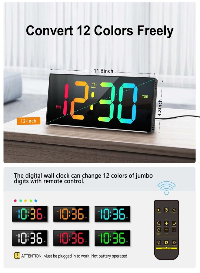 Zelaclock Large Digital Wall Clock 12", Digital Clock with Full Screen Display, 12 RGB Colors Changing Remote Control, DST, Wall Clock with Night Lights for Elderly Living Room Bedroom Office Gaming Room Decor - Image 2