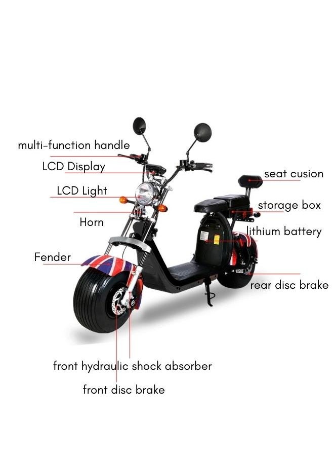 Crony G-029 1000W Electric Motorcycle, 60V/24AH Dual Battery e Motorbike , 55-65KM Range, Fat Wide Tire Electric Scooter for Adults,Front/Rear Disc Brakes/Suspension, 130KG Load Capacity, Aluminum Alloy Frame, Dual Seat, Bluetooth Speaker, LED Lights, 30° Hill Climb Capability，Banner  - Image 2