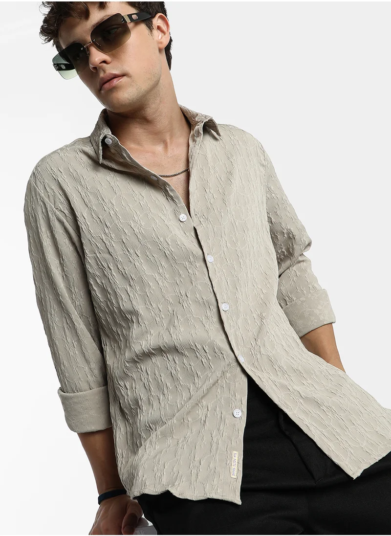 Campus Sutra Men's Khaki Beige Floral-Textured Shirt