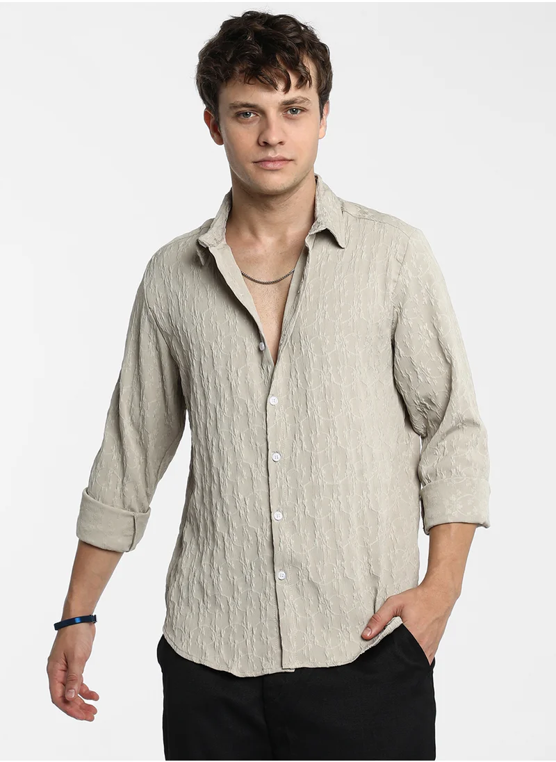 Campus Sutra Men's Khaki Beige Floral-Textured Shirt