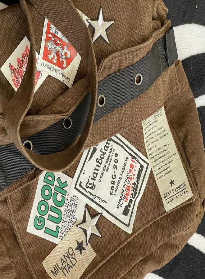 OATSBAS Canvas Messenger Bag for Women Vintage Crossbody Bag Star Patch Grunge Shoulder Bag (Brown) - Image 4