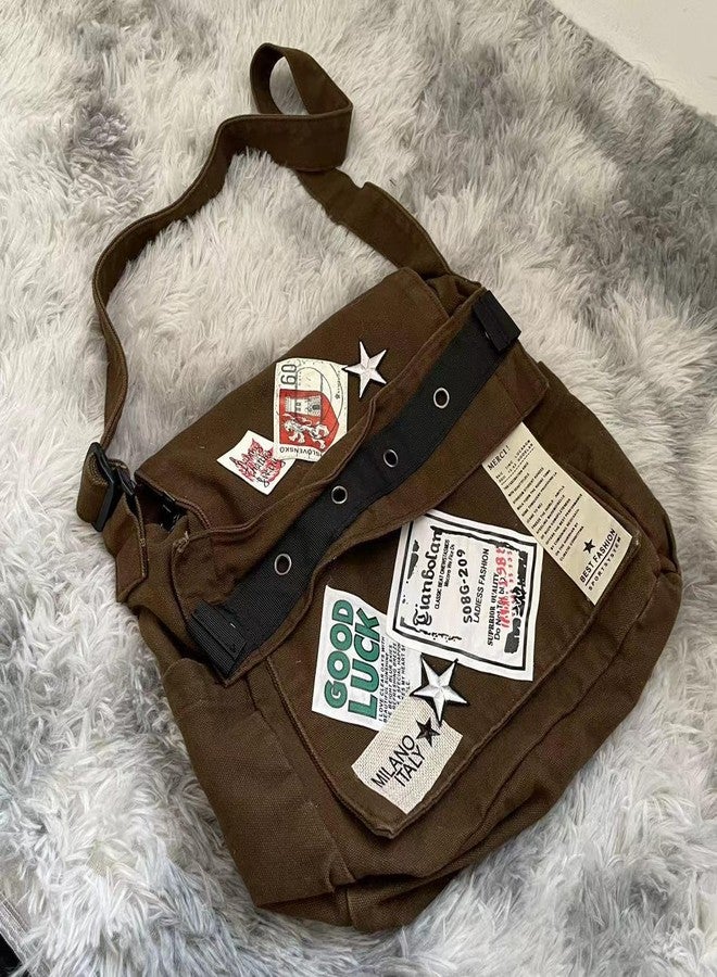 OATSBAS Canvas Messenger Bag for Women Vintage Crossbody Bag Star Patch Grunge Shoulder Bag (Brown) - Image 3