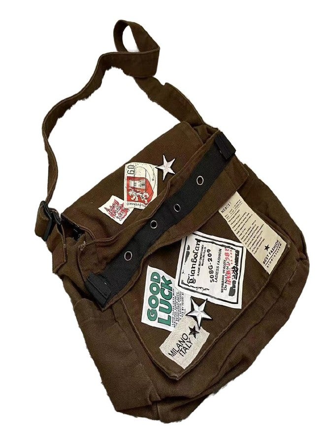 OATSBAS Canvas Messenger Bag for Women Vintage Crossbody Bag Star Patch Grunge Shoulder Bag (Brown) - Image 1