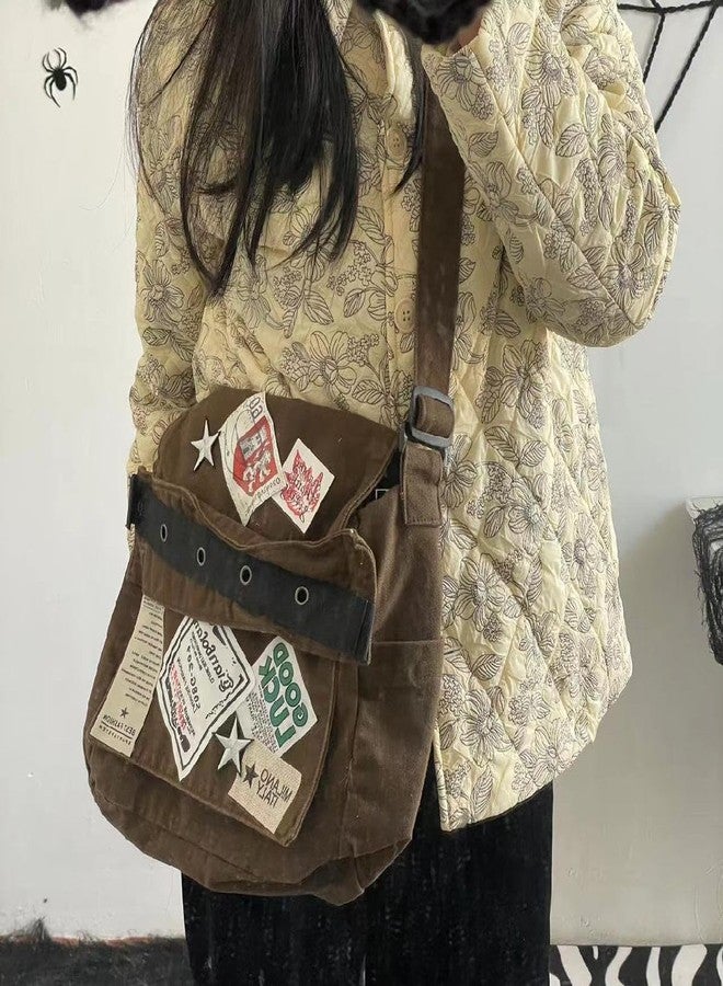 OATSBAS Canvas Messenger Bag for Women Vintage Crossbody Bag Star Patch Grunge Shoulder Bag (Brown) - Image 2
