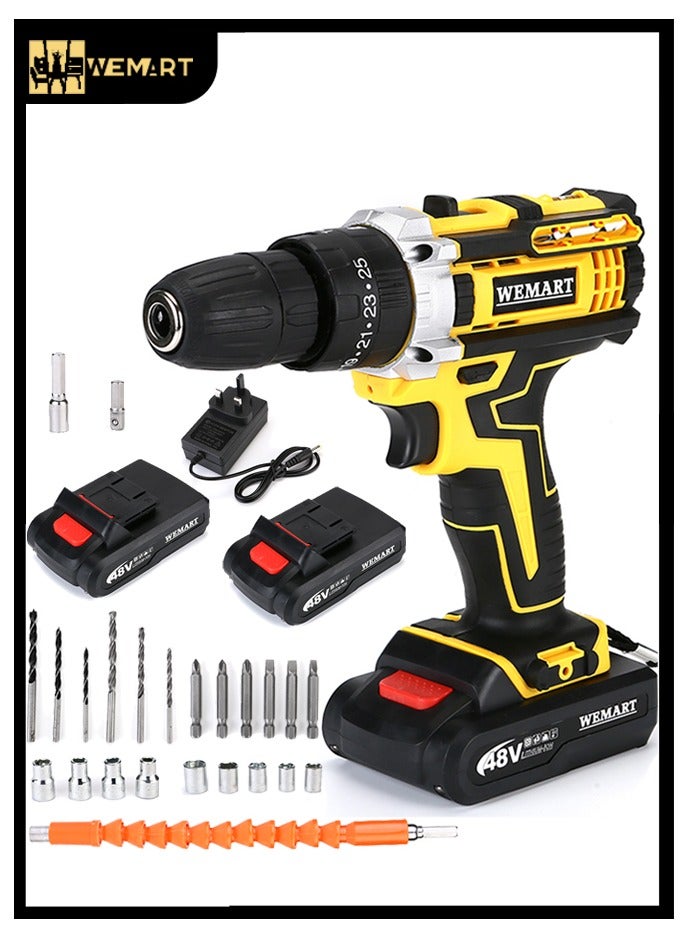 WEMART 48V Cordless Drill Power Supply, Cordless Drill Kit with Lithium-ion Battery and Charger, Variable Speed Power Drill, 19-Station 24-Piece Power Drill, Driver Accessory Kit Yellow - Image 1
