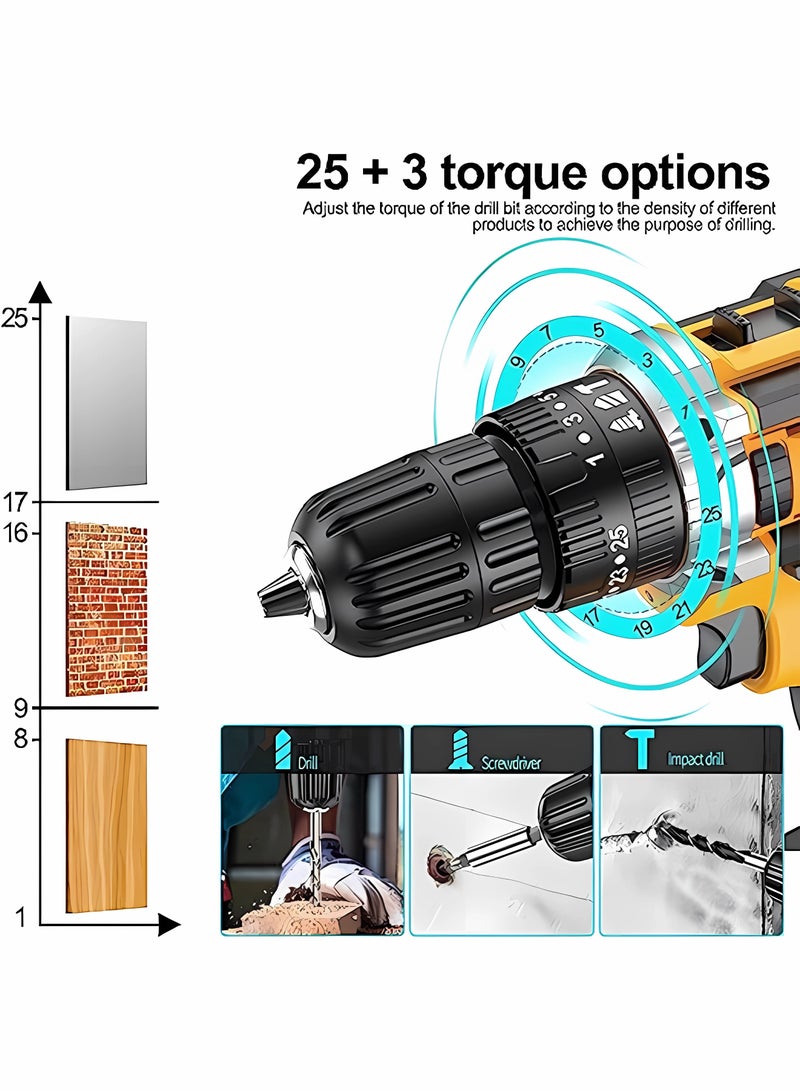 WEMART 48V Cordless Drill Power Supply, Cordless Drill Kit with Lithium-ion Battery and Charger, Variable Speed Power Drill, 19-Station 24-Piece Power Drill, Driver Accessory Kit Yellow - Image 3