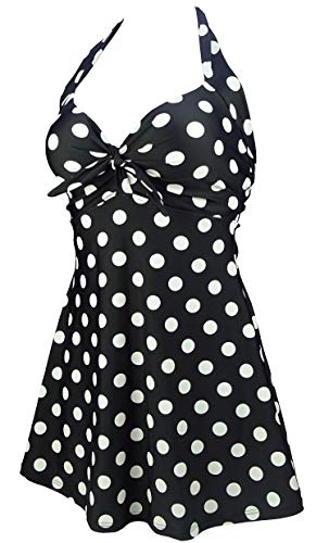 COCOSHIP Black & White Big Polka Dots Retro Sailor Pin Up Swimsuit One Piece Skirtini Cover Up Cruise Swimdress Swimwear L(US10) - Image 2