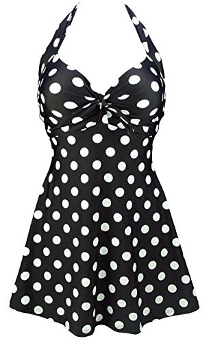 COCOSHIP Black & White Big Polka Dots Retro Sailor Pin Up Swimsuit One Piece Skirtini Cover Up Cruise Swimdress Swimwear L(US10) - Image 5