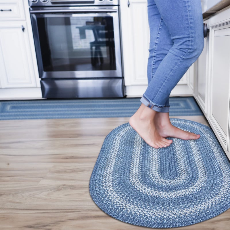 Homespice Denim Blue Braided Rug 20x30 - Small Oval Rug for Country Blue Kitchen Decor, Durable, Reversible, Flat, and Easy to Maintain - Image 1