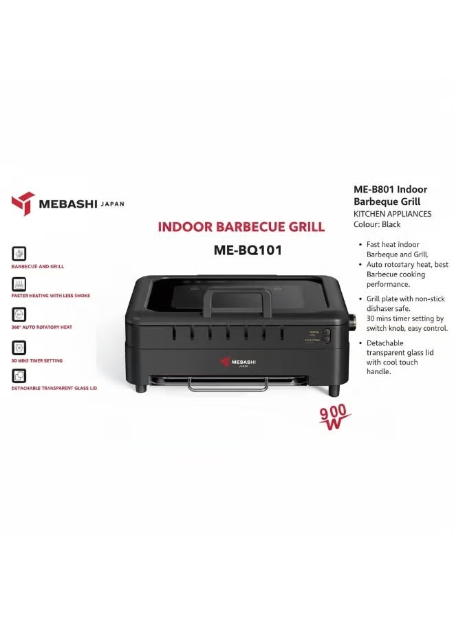 MEBASHI Indoor Barbecue Grill ME-BQ101, 900W Electric BBQ, Non-Stick Grill Plate, 30 Mins Timer, Detachable Lid, Black - Image 4