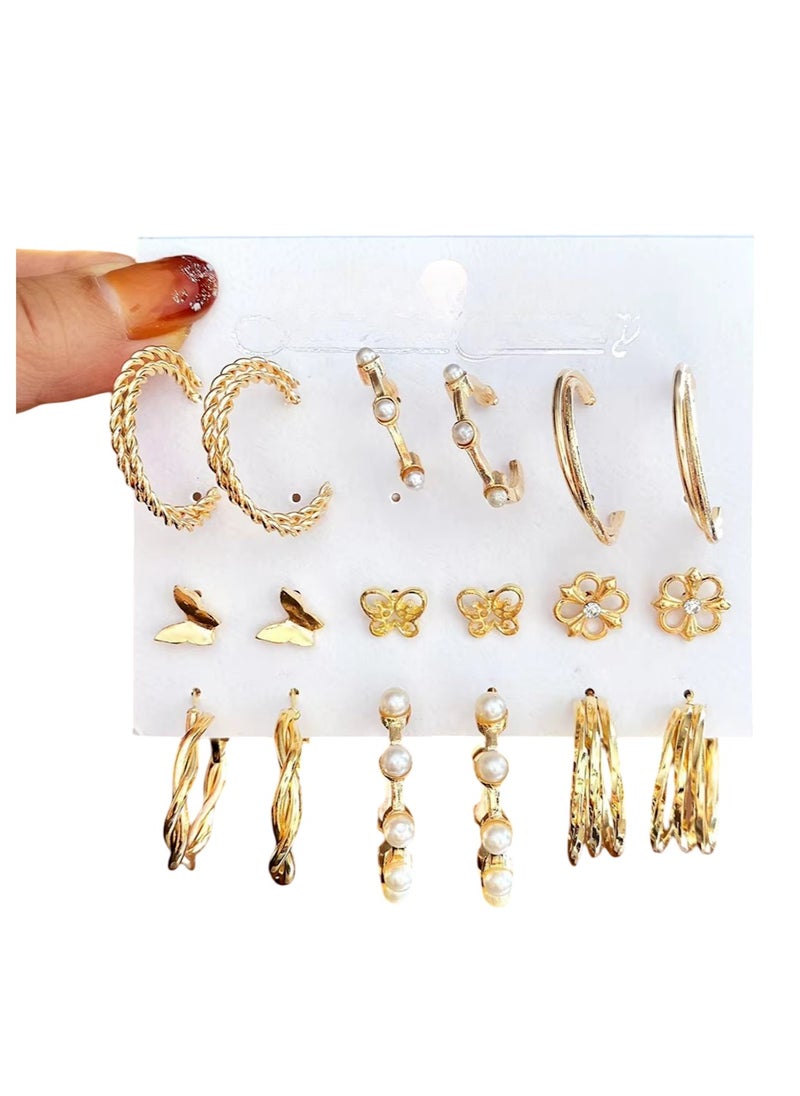 Huitich Elegant Gold Colour Tone Alloy, Crystal & Pearl Earrings Set – 9 Pairs  - Image 1