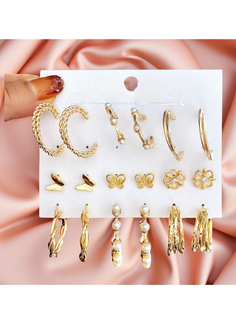 Huitich Elegant Gold Colour Tone Alloy, Crystal & Pearl Earrings Set – 9 Pairs  - Image 3