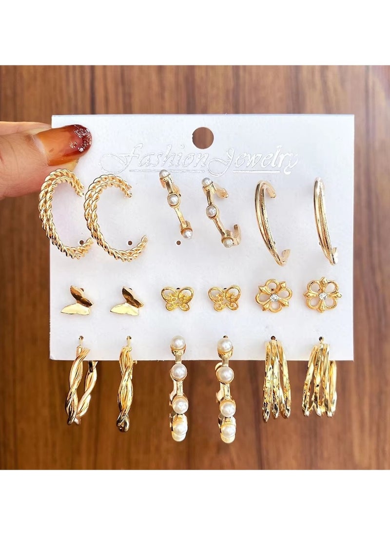 Huitich Elegant Gold Colour Tone Alloy, Crystal & Pearl Earrings Set – 9 Pairs  - Image 2