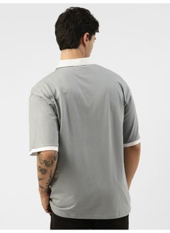 Maniac Mens Polo Neck Printed 3/4th Sleeve Light Grey and White Cotton Oversized Fit T-Shirt  - Image 5