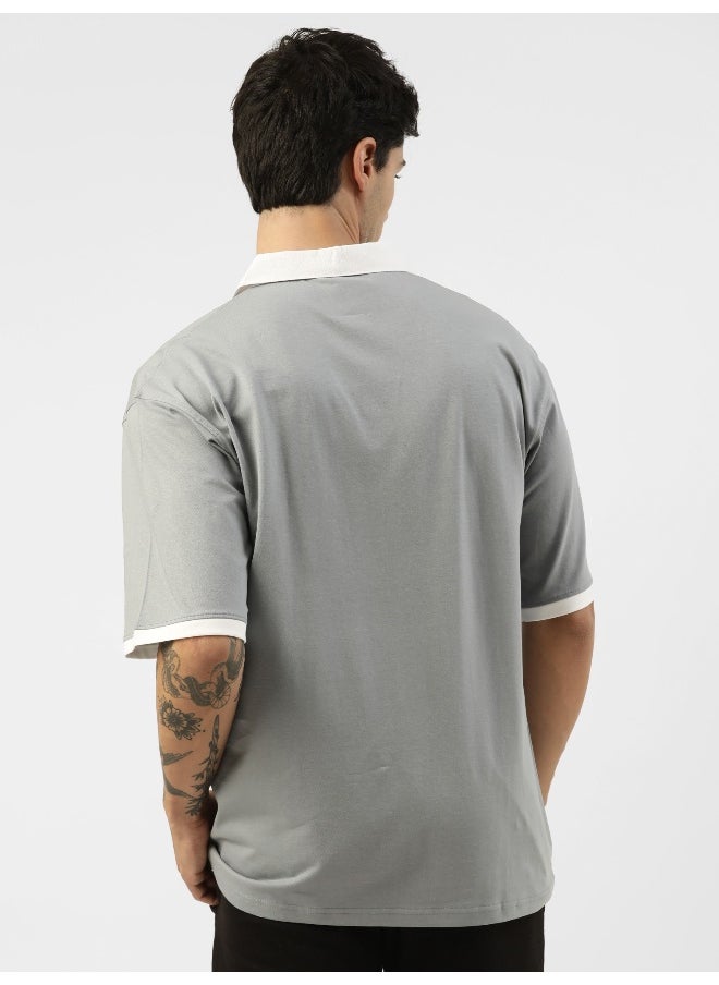 Maniac Mens Polo Neck Printed 3/4th Sleeve Light Grey and White Cotton Oversized Fit T-Shirt  - Image 5