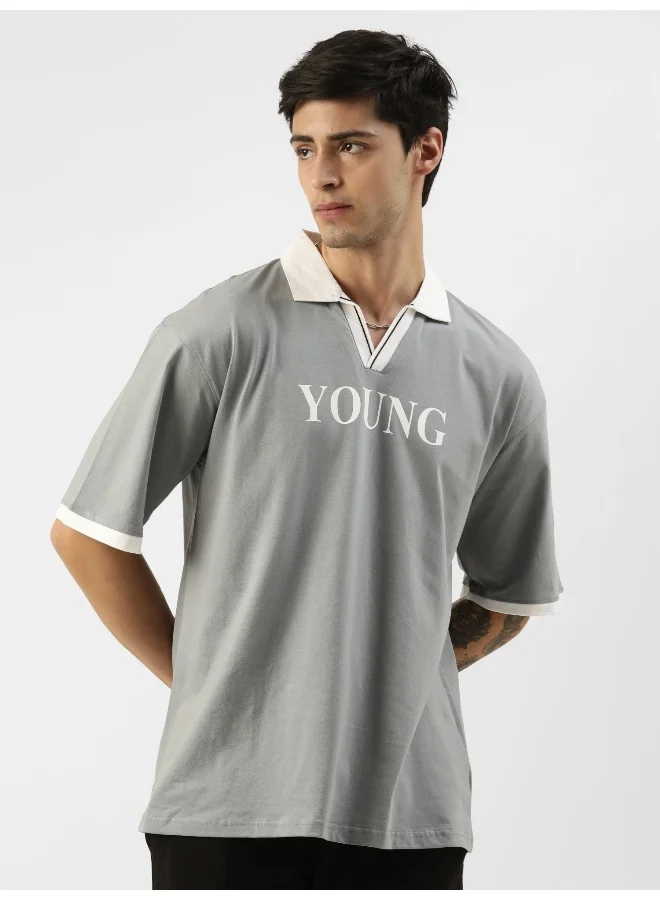 Maniac Mens Polo Neck Printed 3/4th Sleeve Light Grey and White Cotton Oversized Fit T-Shirt