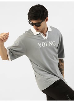 Maniac Mens Polo Neck Printed 3/4th Sleeve Light Grey and White Cotton Oversized Fit T-Shirt  - Image 4