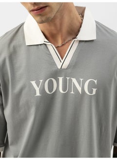Maniac Mens Polo Neck Printed 3/4th Sleeve Light Grey and White Cotton Oversized Fit T-Shirt  - Image 3