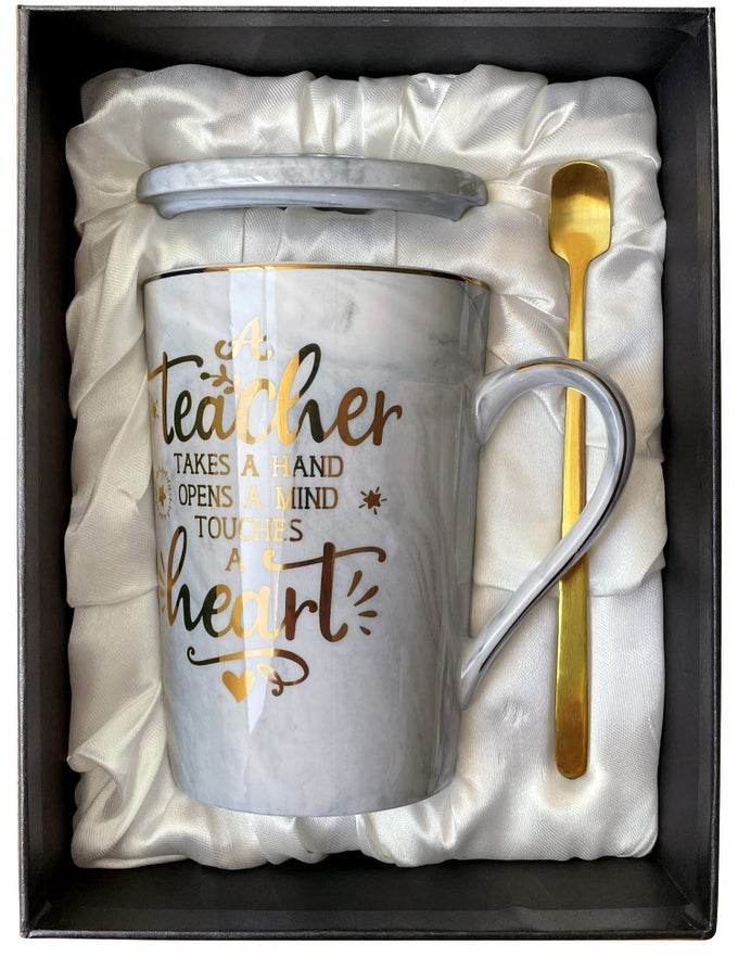 BEST TEACHER APPRECIATION GIFT FOR WOMEN MEN A TEACHER TAKES A HAND OPENS A MIND TOUCHES A HEART FUNNY GRADUATION RETIREMENT GIFTS FOR TEACHERS 14OZ GREY COFFEE MUG WITH GOLD PRINT GIFT BOXED
