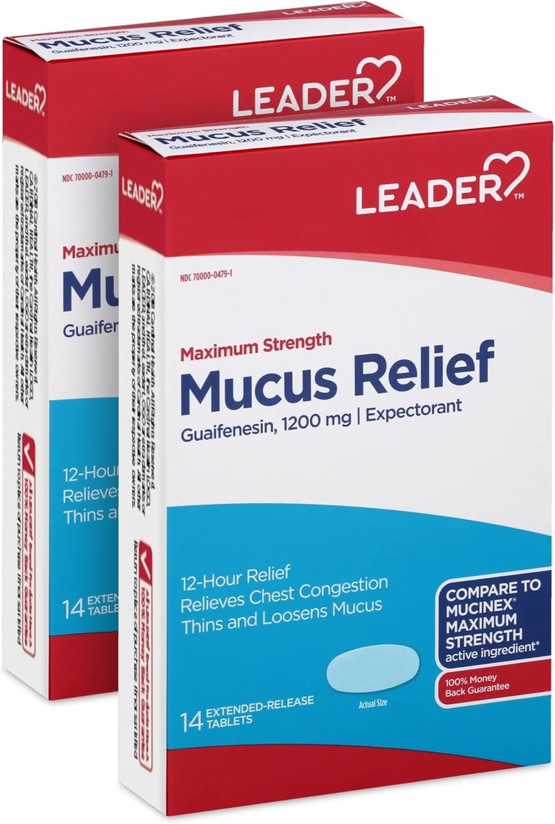 Leader Mucus Relief DM Tablets Maximum Strength Chest Congestion 12 Hour FastActing Mucus Expectorant  Cough Suppressant 14 Count 2Pack - Image 1