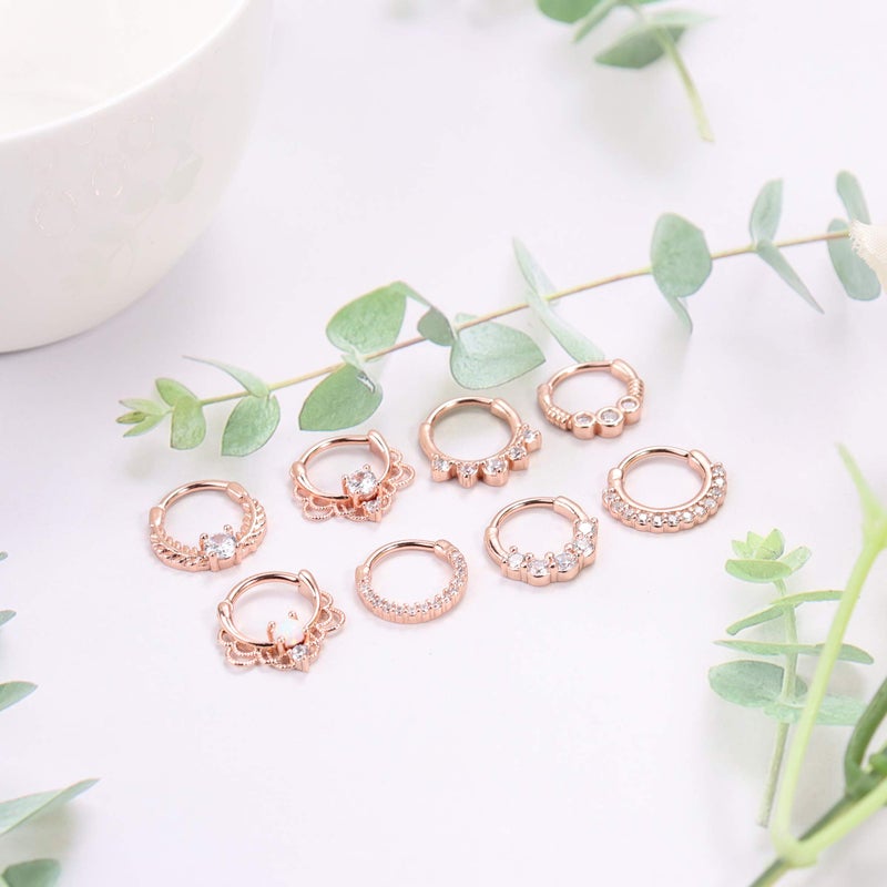 LOYALLOOK حلقة أنف لويل لوك 8 قطع 16G من الفولاذ المقاوم للصدأ CZ أوبال لثقب الغضروف والهيليكس والتراجس وحلقات دايث وحلقات الأنف وحلقة نقرة مفصلية 10 مم - Image 5