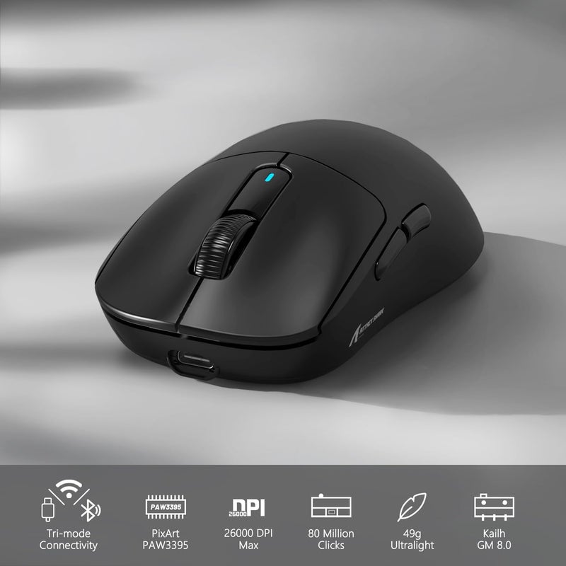 MAMBASNAKE ماوس ألعاب لاسلكي Attack Shark X3، فائق الخفة 49 جرام، PixArt PAW3395 26000 DPI، بلوتوث/2.4GHz/وضع ثلاثي سلكي، بطارية قابلة لإعادة الشحن 200 ساعة، مفتاح Kailh GM8.0 لأجهزة PC/MAC/Win - أسود - Image 2
