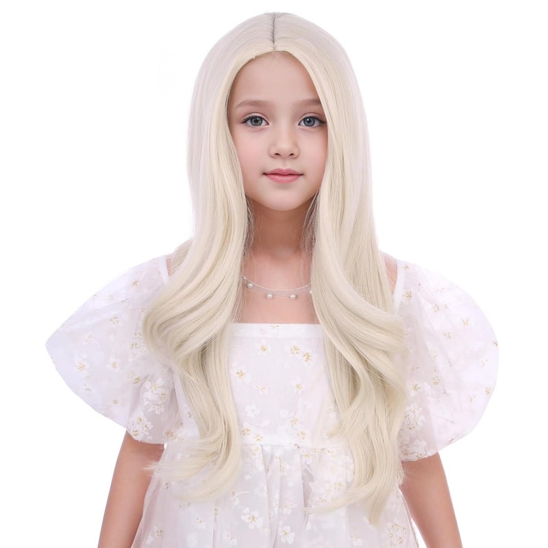 DUDUWIG White Blonde Wig for Child Gilrs Long Platinum Blonde Middle Part Wig Kids Long Light Blonde Wavy Curly Wig Heat Resistant Synthetic Wig with Wig Cap - Image 1