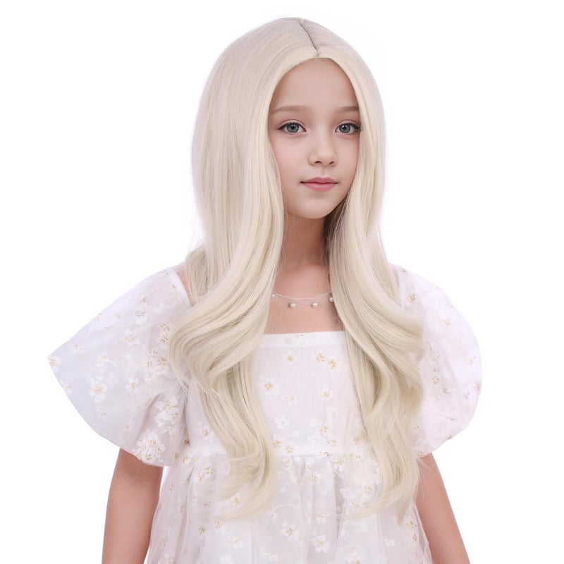 DUDUWIG White Blonde Wig for Child Gilrs Long Platinum Blonde Middle Part Wig Kids Long Light Blonde Wavy Curly Wig Heat Resistant Synthetic Wig with Wig Cap - Image 2