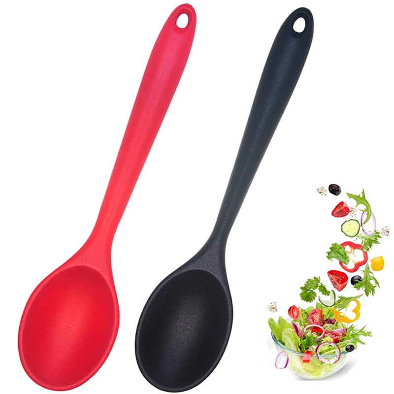 Ecerangus 2 Pcs Silicone Nonstick Mixing Spoon Silicone Spoons For Cooking Heat Resistant Cooking Utensil For Kitchen Cooking Baking Stirring Serving (Red Black) - Image 2