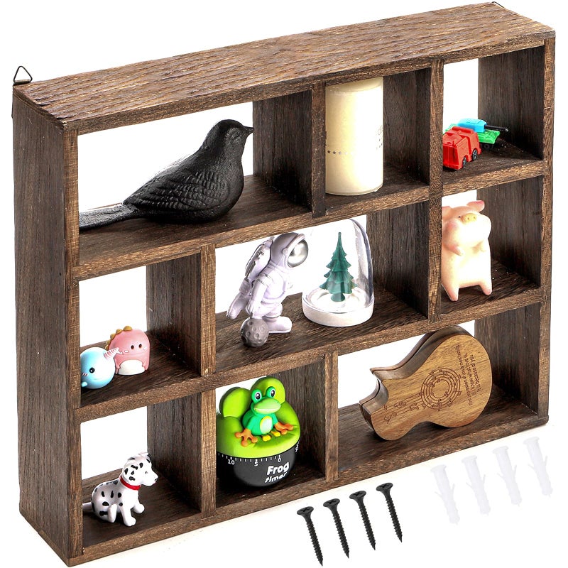 WUWEOT Shadow Box Display Shelf 15 x 118 9Slot Rustic Floating Shelves Wood Finish Wall MountableFreestanding Shelf with Screws for Wall Table or Desk