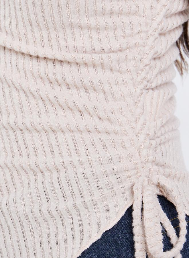 Styli Beige Ribbed Asymmetric Hem Long Sleeve Top - Image 3