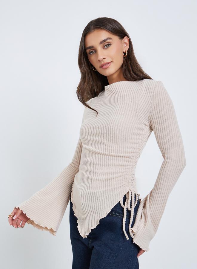 Styli Beige Ribbed Asymmetric Hem Long Sleeve Top - Image 1